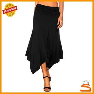 Flowy Midi Skirt Ruched Waist Elastic Hanky Hem Feminine Elegant Chic